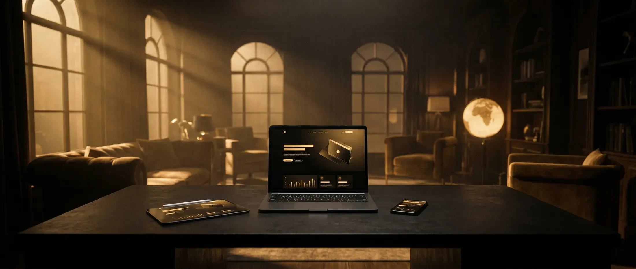 Webdesign-Arbeitsplatz bei Nacht mit Website, Dashboard und mobiler Ansicht