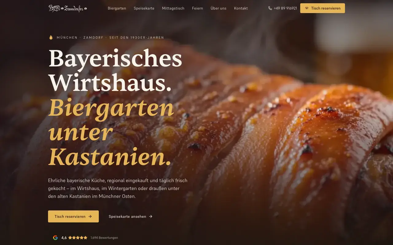 Premium-editorialer Auftritt für ein bayerisches Wirtshaus mit Biergarten
