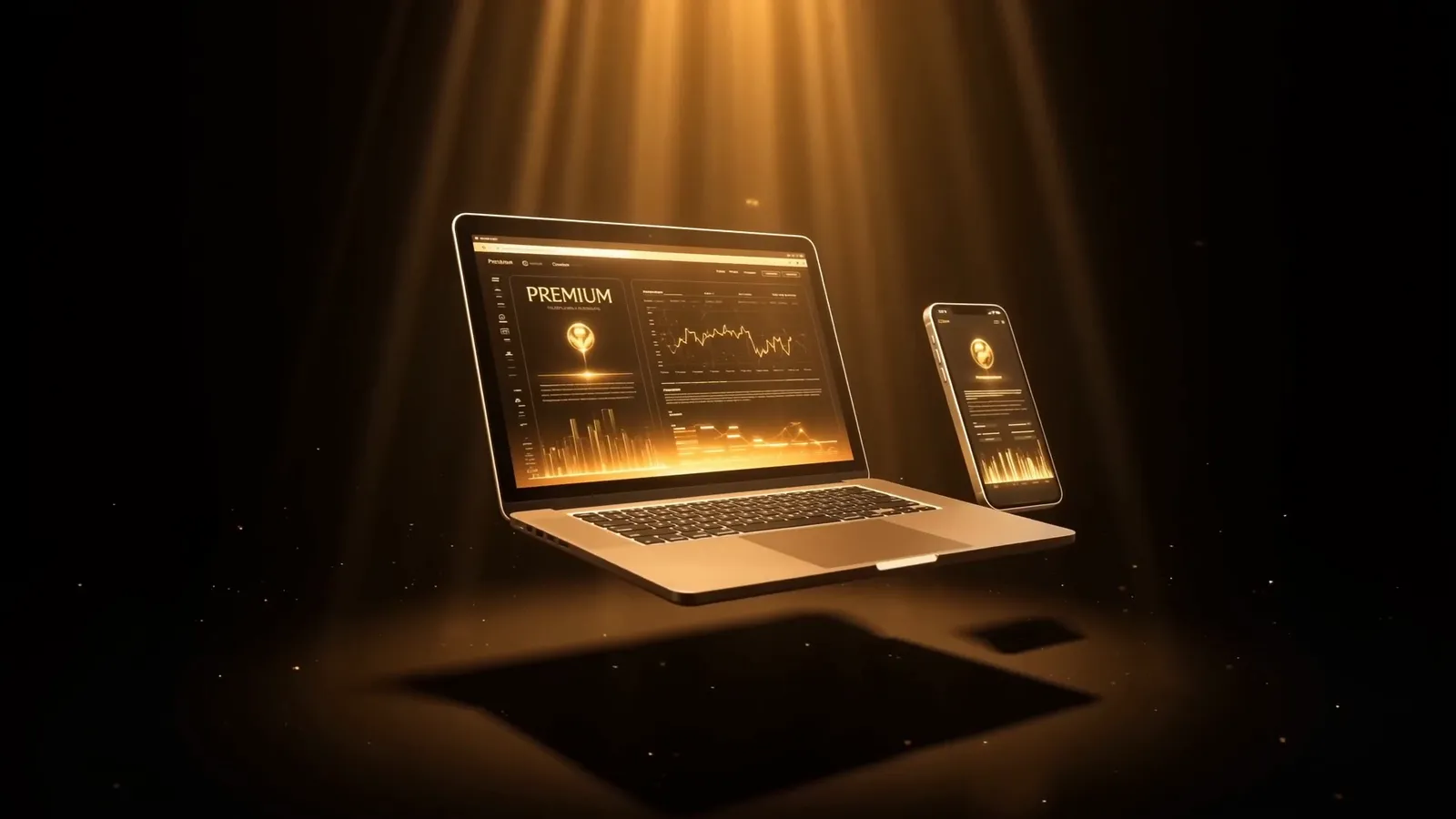 Showreel der 25/7 Agency — Premium-Website auf Laptop, Analytics, goldene Skyline und Markenlöwe in warmem Goldlicht